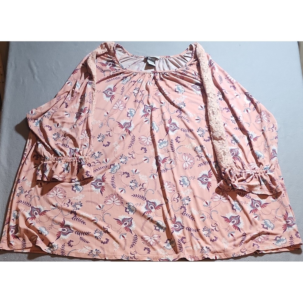 Catherines Pink Purple Floral Lace Knit Tunic Blouse 3X Round Neck Long Sleeve